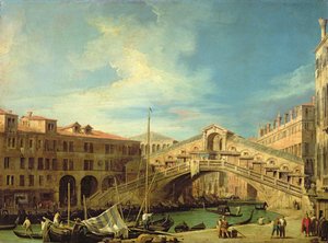 Utsikt over Rialto ved Venezia (Utsikt over Rialtobroen fra sør) (olje på kobber)